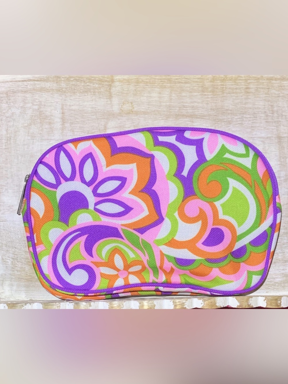 Clinique Floral Purple Orange Cosmetic Pouch with Silver Zipper Pull